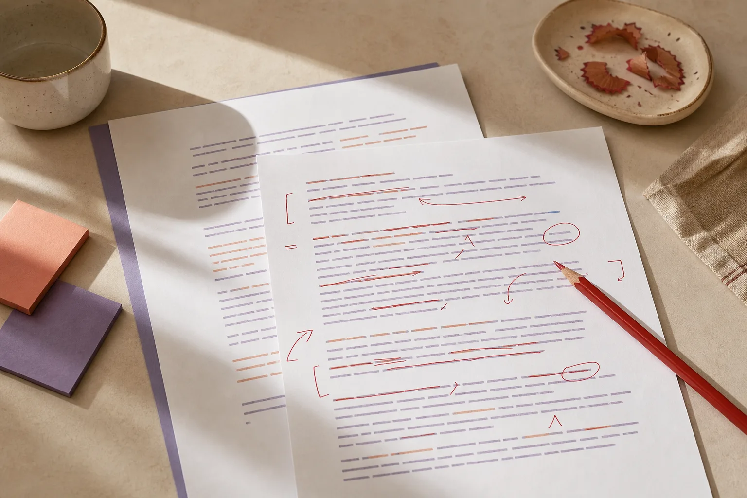 A printed application draft covered with careful red-pencil revisions