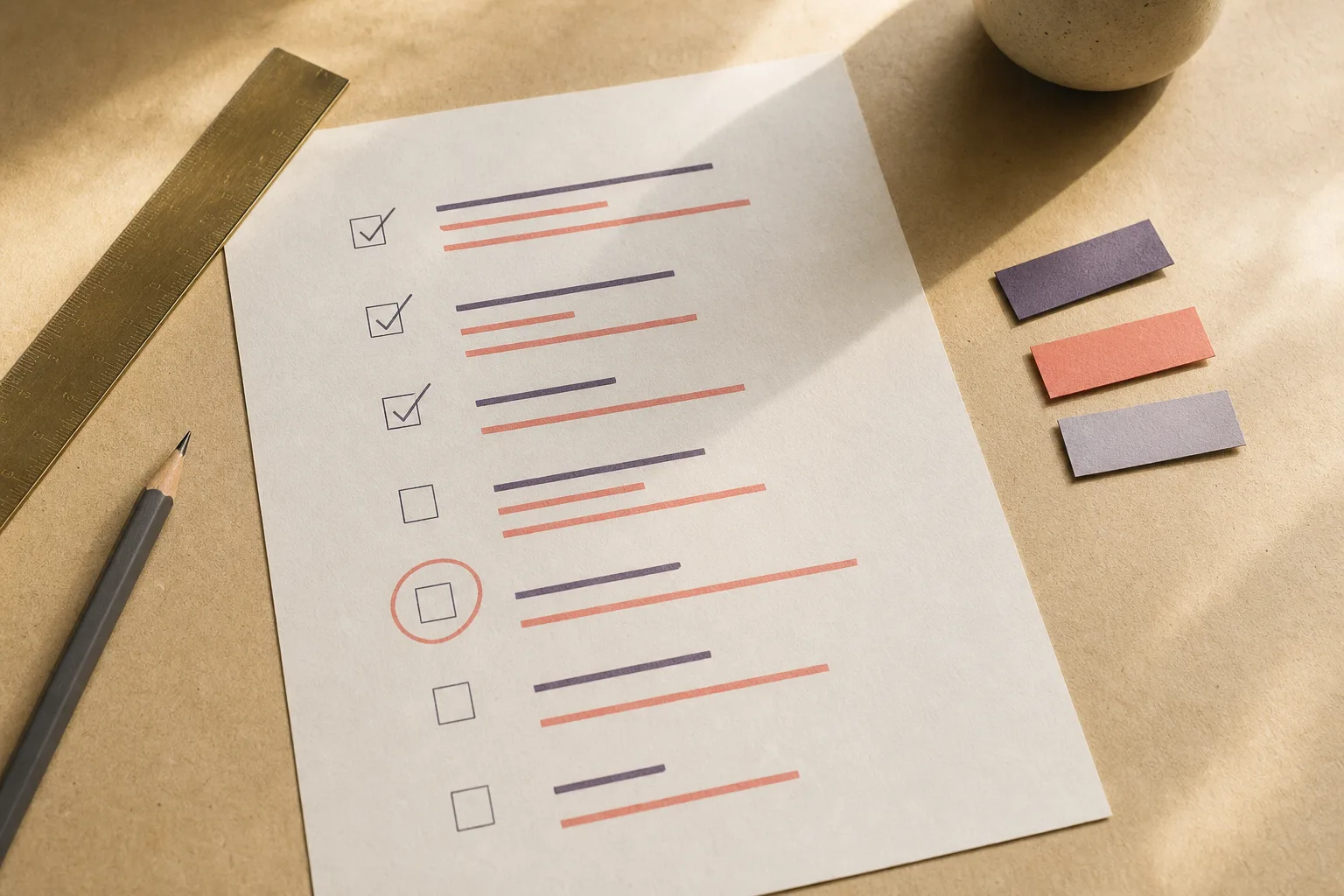 A printed job requirement checklist with several items highlighted