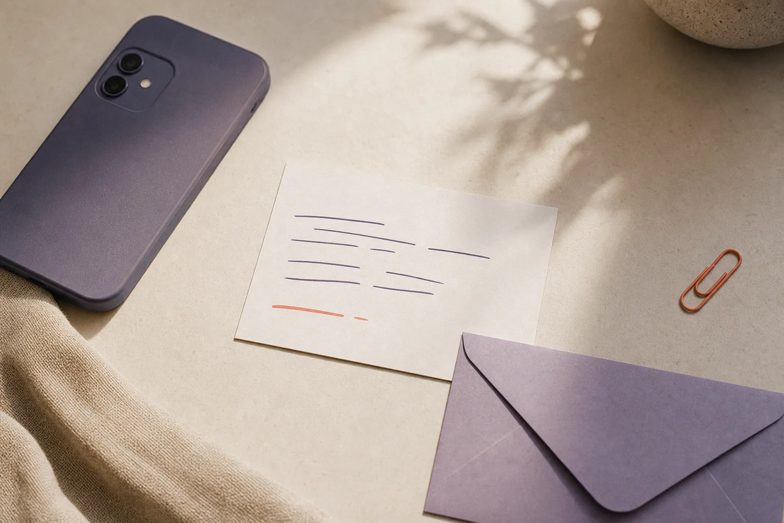 A phone, a short handwritten note, and a job application on a tidy desk