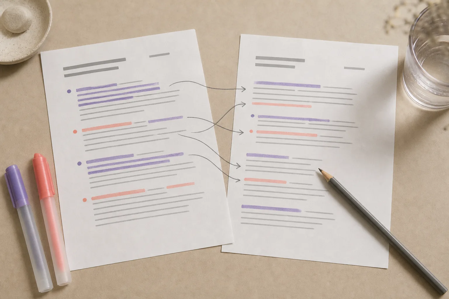 A marked-up job description beside a handwritten cover letter draft